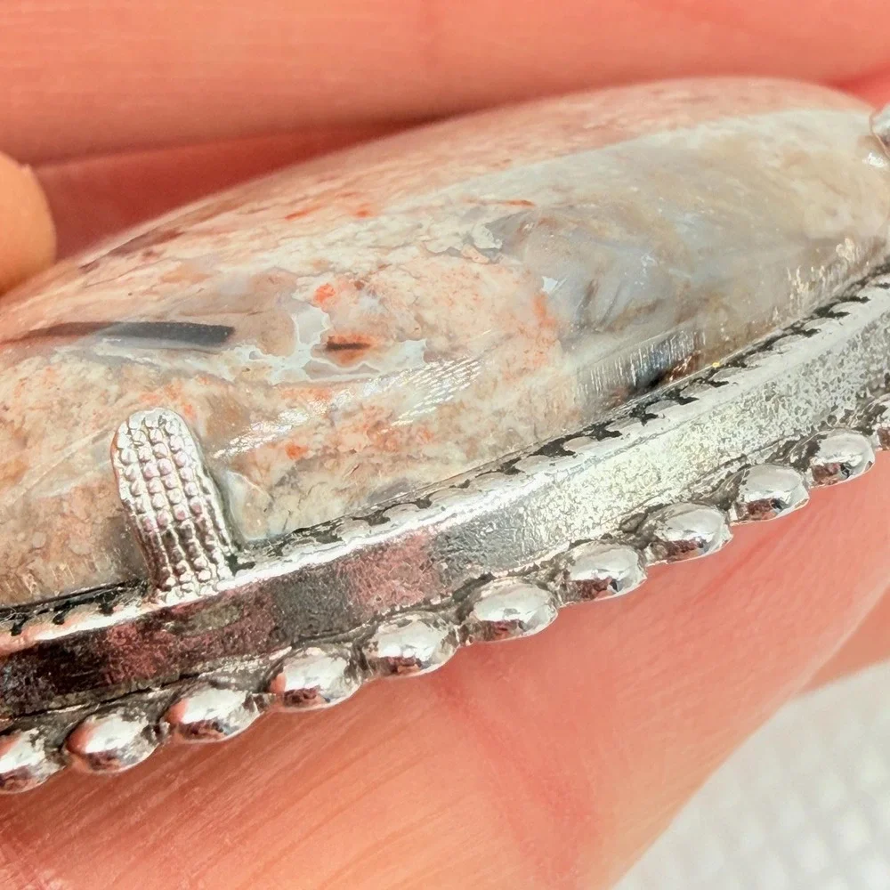 Vintage Agate Brown Stone Oval Brooch w/ Silver Tone Border
